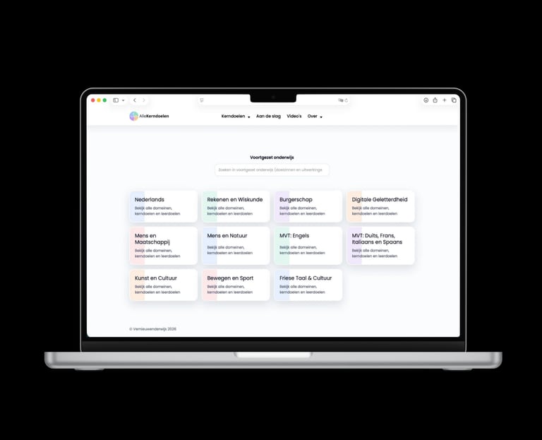 Mockup van allekerndoelen.nl met overzicht van kerndoelen